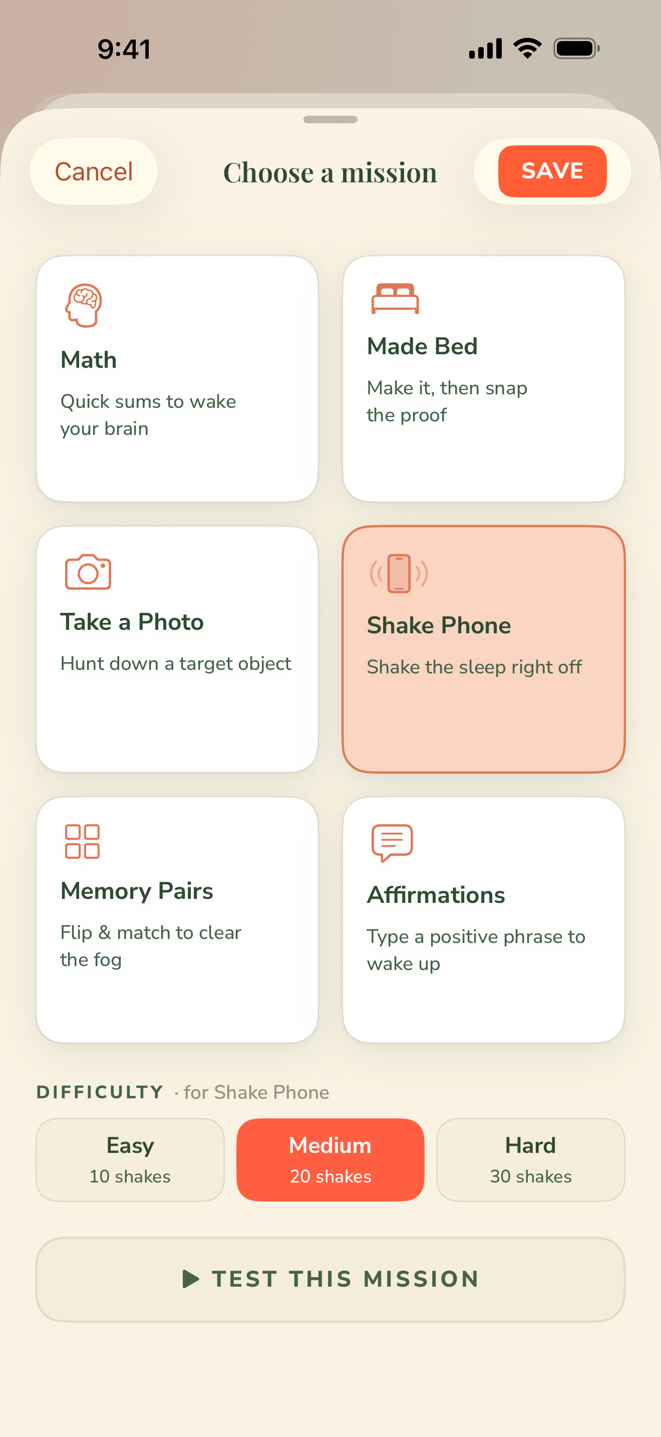 Choose a mission screen with Math, Made Bed, Take a Photo, Shake Phone, Memory Pairs and Affirmations options