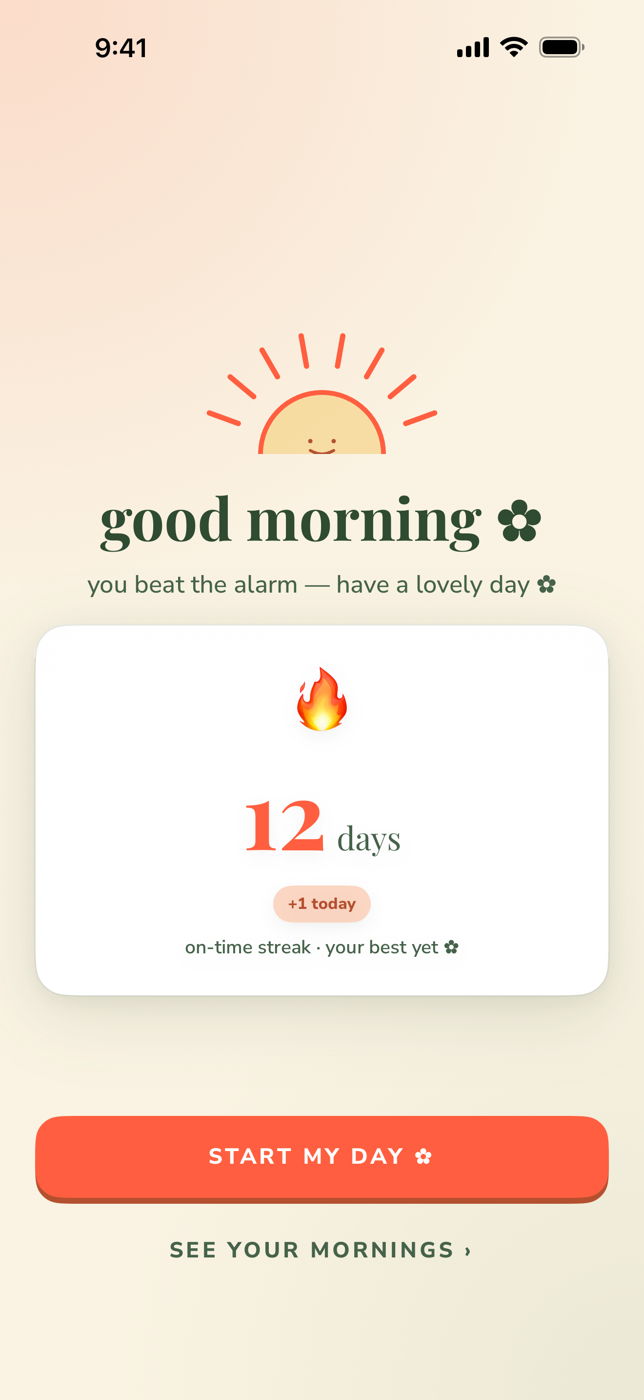Good morning reward screen: you beat the alarm, with a 12 day on-time streak