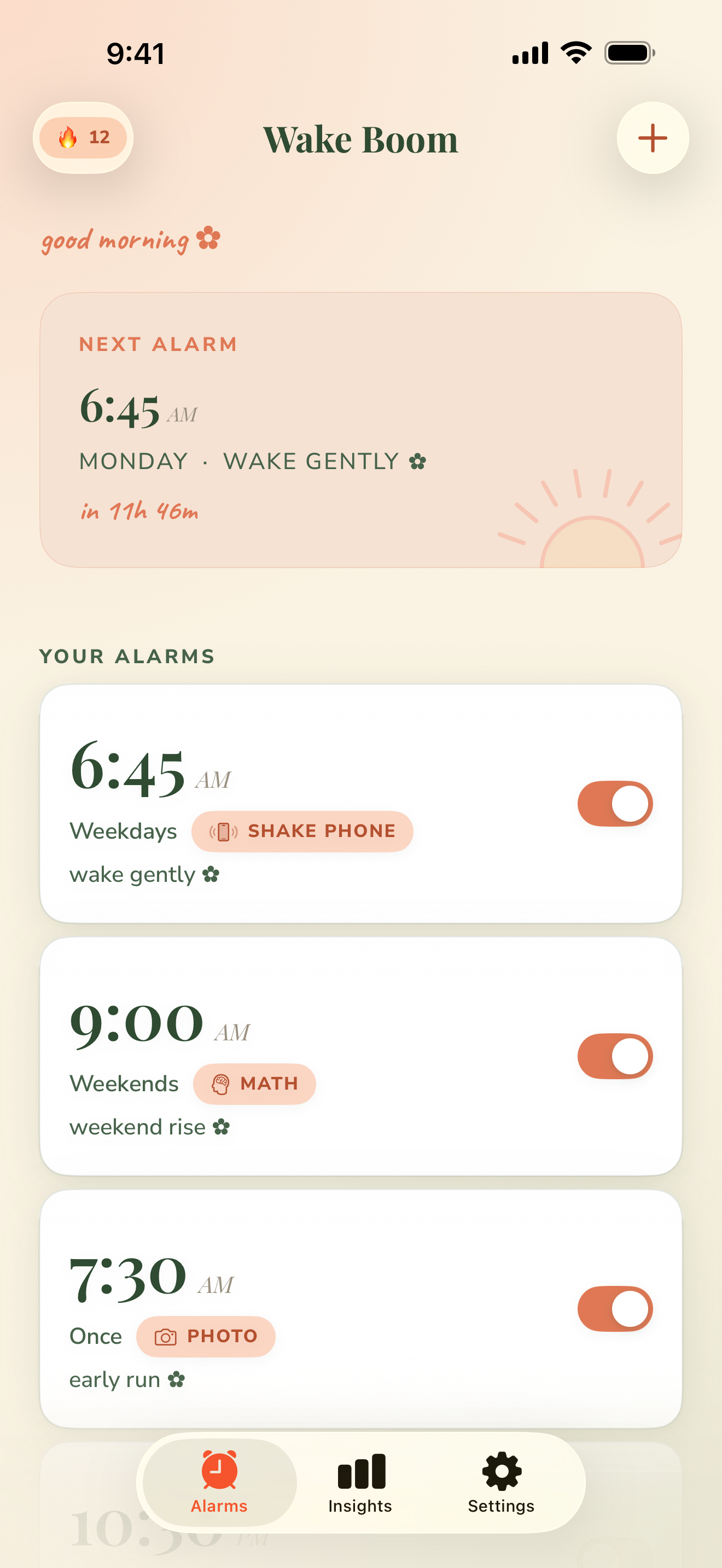Wake Boom home screen showing the next alarm at 6:45 AM and a list of alarms tagged with Shake Phone, Math and Photo missions