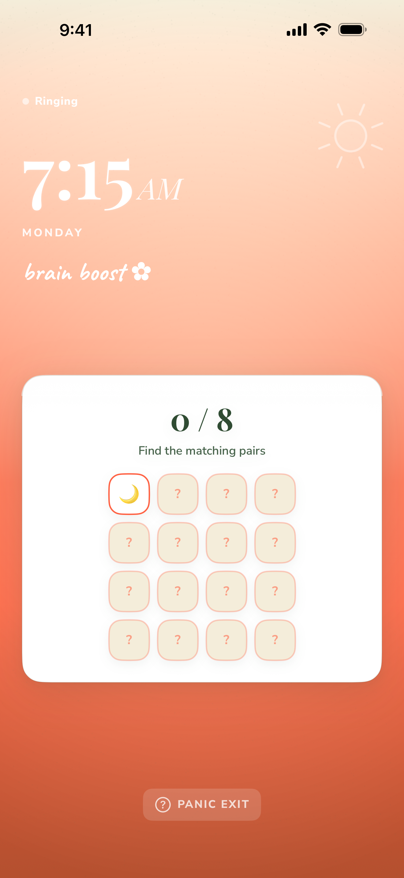 A ringing alarm at 7:15 AM showing a memory-pairs mission to find matching pairs