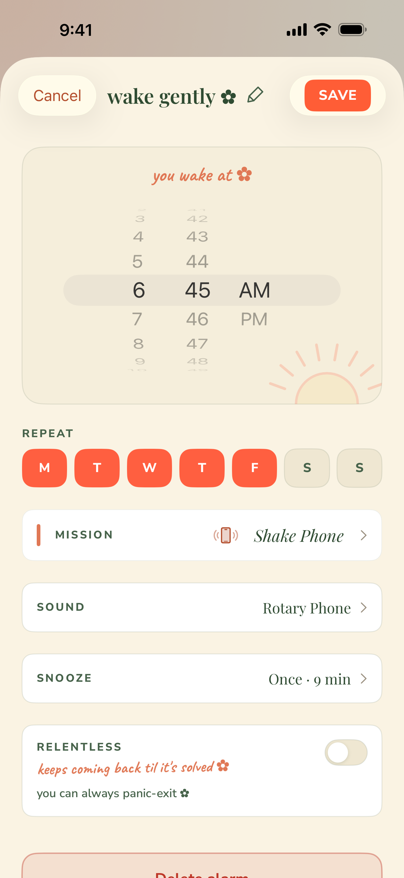 Alarm editor for wake gently, set to 6:45 AM weekdays with a Shake Phone mission