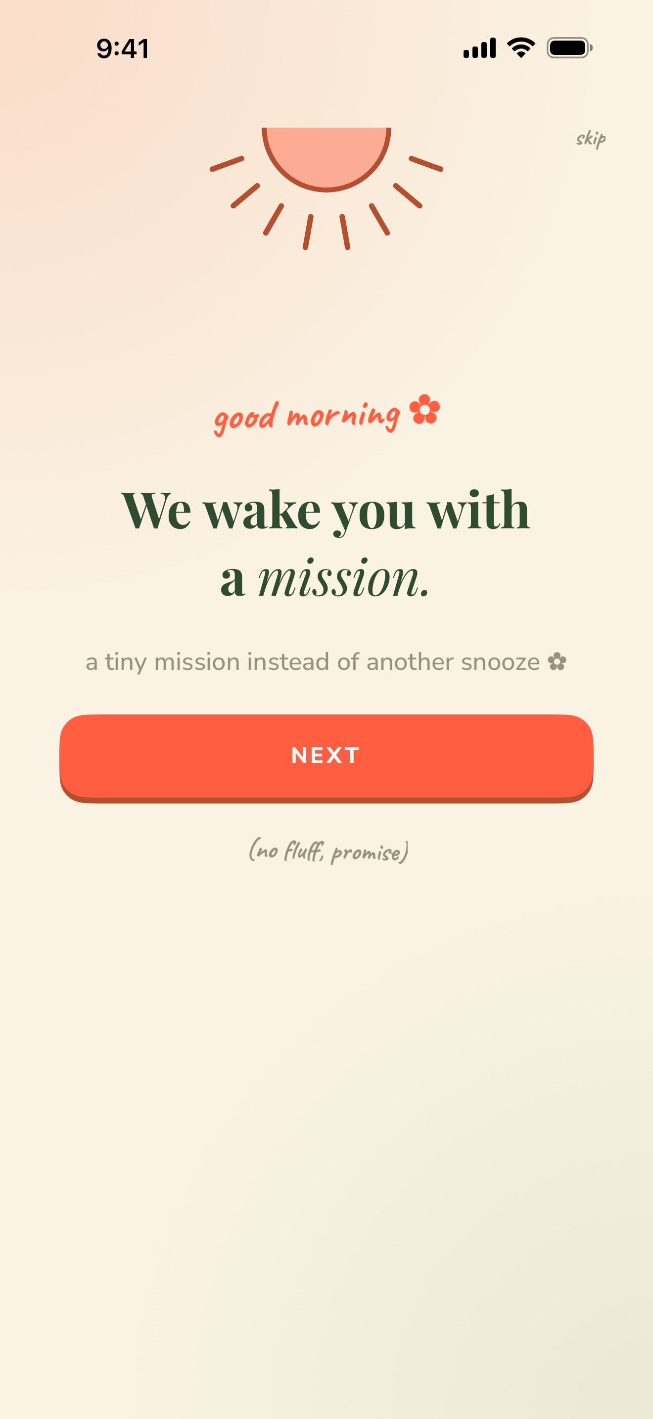 Onboarding screen reading We wake you with a mission